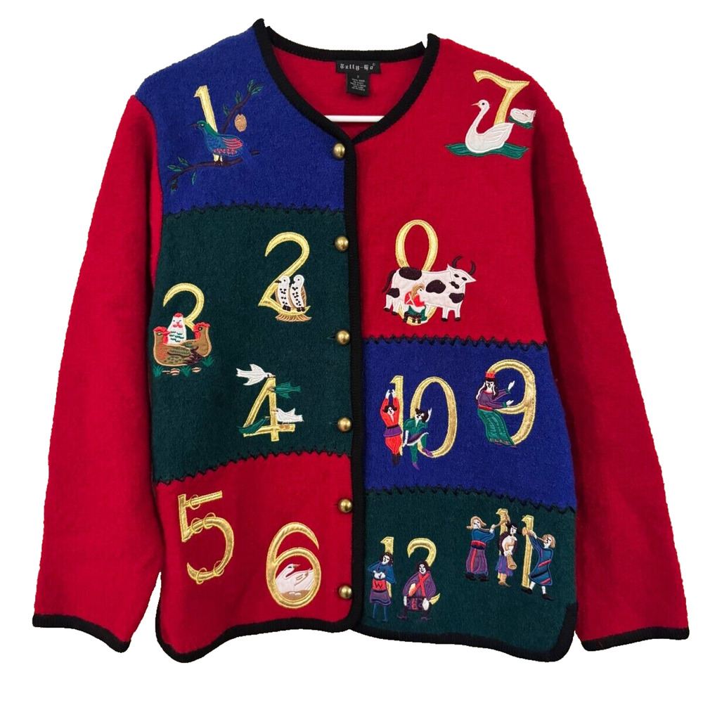Tally Ho Christmas Sweater Size Small 12 Days Holiday Vtg Novelty 100% Wool